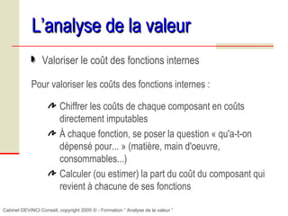 Cabinet DEVINCI Conseil, copyright 2005 © - Formation “ Analyse de la valeur ”
L’analyse de la valeurL’analyse de la valeur
Valoriser le coût des fonctions internes
Pour valoriser les coûts des fonctions internes :
Chiffrer les coûts de chaque composant en coûts
directement imputables
À chaque fonction, se poser la question « qu'a-t-on
dépensé pour... » (matière, main d'oeuvre,
consommables...)
Calculer (ou estimer) la part du coût du composant qui
revient à chacune de ses fonctions
 