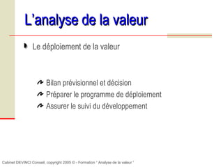 Cabinet DEVINCI Conseil, copyright 2005 © - Formation “ Analyse de la valeur ”
L’analyse de la valeurL’analyse de la valeur
Le déploiement de la valeur
Bilan prévisionnel et décision
Préparer le programme de déploiement
Assurer le suivi du développement
 