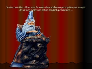 Je dois peut-être utiliser mes formules abracadabra ou pernopsilem ou  essayer de lui faire avaler une potion pendant qu’il dormira…. 