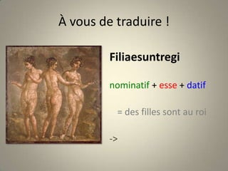 À vous de traduire !Filiaesuntreginominatif + esse + datif= des filles sont au roi-> Peinture de Pompéi (époque romaine)