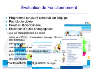 Évaluation de Fonctionnement
Programme structuré construit par l’équipe
Pathologie ciblée
Projet multidisciplinaire
Existence d’outils pédagogiques
Pour les professionnels de santé
cartes symptômes, répercussions, biologie, aliments
bilan biologique
chevalet imagier
situations de la vie, situations à risque
personnage mosaïque
guide d’animation
fiches d’évaluation
Pour les patients : livret personnel de suivi
 