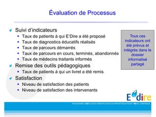 Évaluation de Processus
Suivi d’indicateurs
 Taux de patients à qui E’Dire a été proposé
 Taux de diagnostics éducatifs réalisés
 Taux de parcours démarrés
 Taux de parcours en cours, terminés, abandonnés
 Taux de médecins traitants informés
Remise des outils pédagogiques
 Taux de patients à qui un livret a été remis
Satisfaction
 Niveau de satisfaction des patients
 Niveau de satisfaction des intervenants
Tous ces
indicateurs ont
été prévus et
intégrés dans le
dossier
informatisé
partagé
 