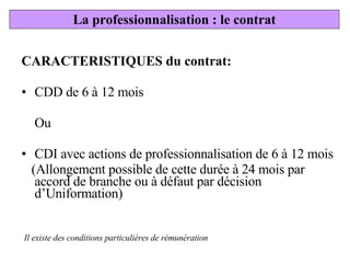CARACTERISTIQUES du contrat: CDD de 6 à 12 mois Ou CDI avec actions de professionnalisation de 6 à 12 mois (Allongement possible de cette durée à 24 mois par accord de branche ou à défaut par décision d’Uniformation) La professionnalisation : le contrat Il existe des conditions particulières de rémunération 