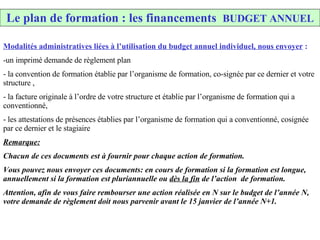 Modalités administratives liées à l’utilisation du budget annuel individuel, nous envoyer  : un imprimé demande de règlement plan  la convention de formation établie par l’organisme de formation, co-signée par ce dernier et votre structure , la facture originale à l’ordre de votre structure et établie par l’organisme de formation qui a conventionné, les attestations de présences établies par l’organisme de formation qui a conventionné, cosignée par ce dernier et le stagiaire Remarque:   Chacun de ces documents est à fournir pour chaque action de formation.  Vous pouvez nous envoyer ces documents: en cours de formation si la formation est longue, annuellement si la formation est pluriannuelle ou  dès la fin  de l’action  de formation.  Attention, afin de vous faire rembourser une action réalisée en N sur le budget de l’année N, votre demande de règlement doit nous parvenir avant le 15 janvier de l’année N+1. Le versement plan de formation :  BUDGET ANNUEL Le plan de formation : les financements  BUDGET ANNUEL 