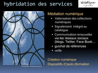 hybridation des services
                                           Médiation numérique
                                              Valorisation des collections
                                                 numériques
                                                Signalement intégré au
                                                 catalogue
                                                Communication renouvelée
                                                 via les réseaux sociaux
                                                 (blogs, Twitter, Face Book…
                                                guichet de références
                                                veille

                                           Création numérique
      Crédit photo : Sidali Zerroug (CC)
                                           Dispositifs d’(auto-)formation
 