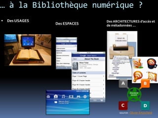 … à la Bibliothèque numérique ?
   Des USAGES                 Des ARCHITECTURES d’accès et
                 Des ESPACES   de métadonnées …




                                      source : Olivier Ertzscheid
 