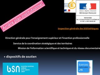Inspection générale des bibliothèques


 Direction générale pour l'enseignement supérieur et l'insertion professionnelle

        Service de la coordination stratégique et des territoires
            Mission de l'information scientifique et technique et du réseau documentaire


+ dispositifs de soutien
 