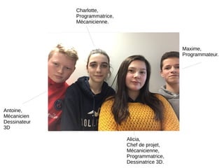 Maxime,
Programmateur.
Alicia,
Chef de projet,
Mécanicienne,
Programmatrice,
Dessinatrice 3D.
Charlotte,
Programmatrice,
Mécanicienne.
Antoine,
Mécanicien
Dessinateur
3D
 