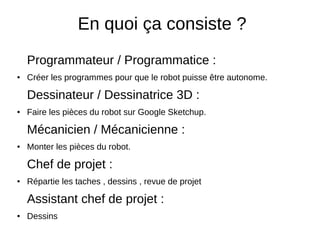 En quoi ça consiste ?
Programmateur / Programmatice :
● Créer les programmes pour que le robot puisse être autonome.
Dessinateur / Dessinatrice 3D :
● Faire les pièces du robot sur Google Sketchup.
Mécanicien / Mécanicienne :
● Monter les pièces du robot.
Chef de projet :
● Répartie les taches , dessins , revue de projet
Assistant chef de projet :
● Dessins
 
