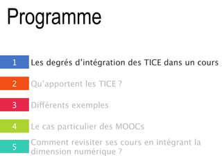 Programme
1 Les degrés d’intégration des TICE dans un cours
2
3
4
Qu’apportent les TICE ?
Différents exemples
Le cas particulier des MOOCs
5
Comment revisiter ses cours en intégrant la
dimension numérique ?
 