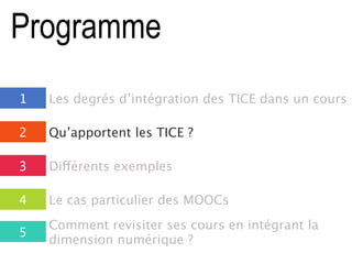 Programme
1 Les degrés d’intégration des TICE dans un cours
2
3
4
Qu’apportent les TICE ?
Différents exemples
Le cas particulier des MOOCs
5
Comment revisiter ses cours en intégrant la
dimension numérique ?
 