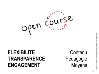 30
http://www.flickr.com/photos/marcwathieu/2412755417
FLEXIBILITE
TRANSPARENCE
ENGAGEMENT
Contenu
Pédagogie
Moyens
 