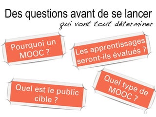 Les apprentissages
seront-ils évalués ?
Quel est le public
cible ?
Quel type deMOOC ?
qui vont tout déterminer
51
Pourquoi un
MOOC ?
Des questions avant de se lancer
 