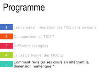 Programme
1 Les degrés d’intégration des TICE dans un cours
2
3
4
Qu’apportent les TICE ?
Différents exemples
Le cas particulier des MOOCs
5
Comment revisiter ses cours en intégrant la
dimension numérique ?
 