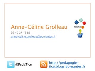 Anne-Céline Grolleau
02 40 37 16 85
anne-celine.grolleau@ec-nantes.fr
@PedaTice
http://pedagogie-
tice.blogs.ec-nantes.fr
 