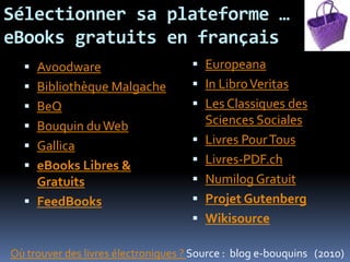 Sélectionner sa plateforme …
eBooks gratuits en français
   Avoodware                         Europeana
   Bibliothèque Malgache             In Libro Veritas
   BeQ                               Les Classiques des
   Bouquin du Web                     Sciences Sociales
   Gallica                           Livres Pour Tous

   eBooks Libres &                   Livres-PDF.ch
    Gratuits                          Numilog Gratuit
   FeedBooks                         Projet Gutenberg
                                      Wikisource

Où trouver des livres électroniques ? Source : blog e-bouquins (2010)
 