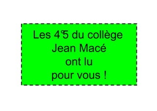 Les 4° du collège
     5
   Jean Macé
      ont lu
   pour vous !
 