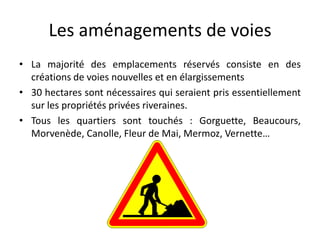 Les aménagements de voies
• La majorité des emplacements réservés consiste en des
créations de voies nouvelles et en élargissements
• 30 hectares sont nécessaires qui seraient pris essentiellement
sur les propriétés privées riveraines.
• Tous les quartiers sont touchés : Gorguette, Beaucours,
Morvenède, Canolle, Fleur de Mai, Mermoz, Vernette…
 