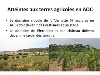 Atteintes aux terres agricoles en AOC
• Le domaine viticole de la Vernette (4 hectares en
AOC) doit devenir des vestiaires et un stade
• Le domaine de Pierredon et son château doivent
devenir le jardin des terroirs
 