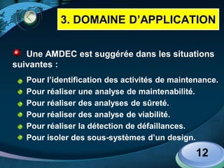 LOGO
Une AMDEC est suggérée dans les situations
suivantes :
Pour l’identification des activités de maintenance.
Pour réaliser une analyse de maintenabilité.
Pour réaliser des analyses de sûreté.
Pour réaliser des analyse de viabilité.
Pour réaliser la détection de défaillances.
Pour isoler des sous-systèmes d’un design.
12
3. DOMAINE D’APPLICATION
 