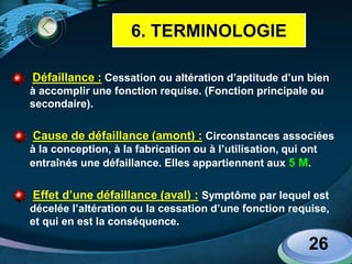 LOGO
 Défaillance : Cessation ou altération d’aptitude d’un bien
à accomplir une fonction requise. (Fonction principale ou
secondaire).
 Cause de défaillance (amont) : Circonstances associées
à la conception, à la fabrication ou à l’utilisation, qui ont
entraînés une défaillance. Elles appartiennent aux 5 M.
 Effet d’une défaillance (aval) : Symptôme par lequel est
décelée l’altération ou la cessation d’une fonction requise,
et qui en est la conséquence.
26
6. TERMINOLOGIE
 