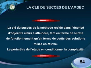 LOGO
LA CLE DU SUCCES DE L’AMDEC
La clé du succès de la méthode réside dans l’énoncé
d’objectifs clairs à atteindre, tant en terme de sûreté
de fonctionnement qu’en terme de coûts des solutions
mises en œuvre.
Le périmètre de l’étude en conditionne la complexité.
54
 
