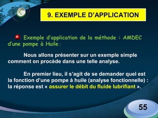 LOGO
Exemple d’application de la méthode : AMDEC
d’une pompe à Huile :
Nous allons présenter sur un exemple simple
comment on procède dans une telle analyse.
En premier lieu, il s’agit de se demander quel est
la fonction d’une pompe à huile (analyse fonctionnelle) :
la réponse est « assurer le débit du fluide lubrifiant ».
55
9. EXEMPLE D’APPLICATION
 