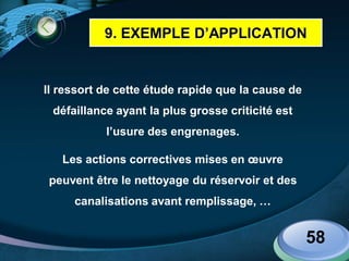 LOGO
Il ressort de cette étude rapide que la cause de
défaillance ayant la plus grosse criticité est
l’usure des engrenages.
Les actions correctives mises en œuvre
peuvent être le nettoyage du réservoir et des
canalisations avant remplissage, …
58
9. EXEMPLE D’APPLICATION
 