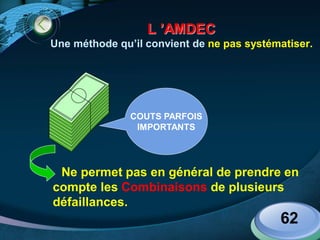 LOGO
62
L ’AMDEC
Une méthode qu’il convient de ne pas systématiser.
Ne permet pas en général de prendre en
compte les Combinaisons de plusieurs
défaillances.
COUTS PARFOIS
IMPORTANTS
 