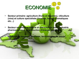 ECONOMIEECONOMIE
• Secteur primaire: agriculture (fruits et légumes), viticulture
(vins) et culture specialisée (lavande, herbes aromatiques
etc…)
• Secteur secondiare: chimie et pétrochimie avec l’industrie
pharmaceutique, la production d’énergie électrique
• Industrie de services: tourisme, technologies de pointe
 