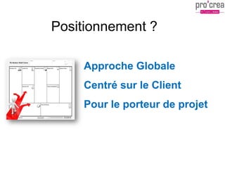 Positionnement ?
Approche Globale
Centré sur le Client
Pour le porteur de projet
 