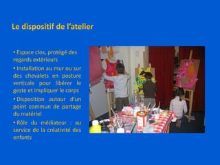 Le dispositif de l’atelier
• Espace clos, protégé des
regards extérieurs
• Installation au mur ou sur
des chevalets en posture
verticale pour libérer le
geste et impliquer le corps
• Disposition autour d’un
point commun de partage
du matériel
• Rôle du médiateur : au
service de la créativité des
enfants
 