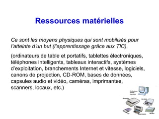 Ressources matérielles

Ce sont les moyens physiques qui sont mobilisés pour
l’atteinte d’un but (l’apprentissage grâce aux TIC).
(ordinateurs de table et portatifs, tablettes électroniques,
téléphones intelligents, tableaux interactifs, systèmes
d’exploitation, branchements Internet et vitesse, logiciels,
canons de projection, CD-ROM, bases de données,
capsules audio et vidéo, caméras, imprimantes,
scanners, locaux, etc.)
 