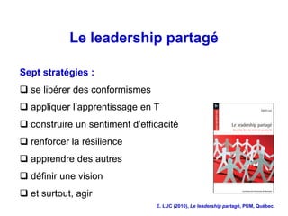 Le leadership partagé

Sept stratégies :
 se libérer des conformismes
 appliquer l’apprentissage en T
 construire un sentiment d’efficacité
 renforcer la résilience
 apprendre des autres
 définir une vision
 et surtout, agir
                                E. LUC (2010), Le leadership partagé, PUM, Québec.
 