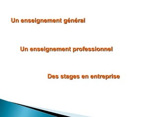 Un enseignement général



  Un enseignement professionnel



           Des stages en entreprise
 