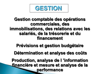 GESTION
  Gestion comptable des opérations
          commerciales, des
immobilisations, des relations avec les
    salariés, de la trésorerie et du
             financement
   Prévisions et gestion budgétaire
  Détermination et analyse des coûts
Production, analyse de l ’information
financière et mesure et analyse de la
            performance
 
