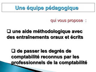 Une équipe pédagogique

                  qui vous propose :

 une aide méthodologique avec
des entraînements oraux et écrits

  de passer les degrés de
 comptabilité reconnus par les
 professionnels de la comptabilité
 