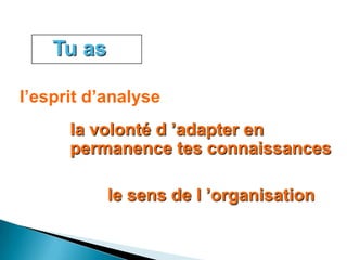 Tu as

l’esprit d’analyse
      la volonté d ’adapter en
      permanence tes connaissances

            le sens de l ’organisation
 