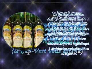 Les plats du Cap-Vert sont simples mais remplis de
saveurs, souvent accompagnés de riz, ils sont
influencés par des origines portugaises et
brésiliennes.
Le cachupa est le plat
national.
Comparable à la feijoada
brésilienne, c’est une sorte
de ragoût à base de maïs et
de haricots noirs, qui est
décliné selon les ingrédients
à disposition : viandes, thon
ou légumes.
Le pastel com diablo
dentro(« gâteau avec diable à
l’intérieur »), un mélange de
thon frais, oignons et tomates
enveloppé dans une pâte faite
à base de pommes de terre
cuites et de farine de maïs qui
se frit et se sert chaud.
La bière et le Grogue sont les boissons les plus consommées au Cap Vert, tout comme les jus de fruits tropicaux, les liqueurs et le punch.La bière et le Grogue sont les boissons les plus consommées au Cap Vert, tout comme les jus de fruits tropicaux, les liqueurs et le punch.La bière et le grogue sont les boissons les plus consommées au Cap Vert, tout comme les jus de fruits tropicaux, les liqueurs et le punch.La bière et le grogue sont les boissons les plus consommées au Cap Vert, tout comme les jus de fruits tropicaux, les liqueurs et le punch.
La bière et le grogue
sont les boissons les
plus consommées au Cap
Vert, tout comme les jus
de fruits tropicaux, les
liqueurs et le punch.
 
