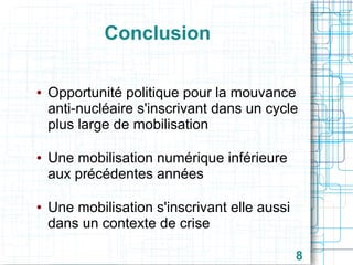 Conclusion
●

●

●

Opportunité politique pour la mouvance
anti-nucléaire s'inscrivant dans un cycle
plus large de mobilisation
Une mobilisation numérique inférieure
aux précédentes années
Une mobilisation s'inscrivant elle aussi
dans un contexte de crise
8

 