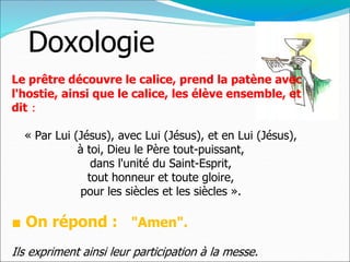 Doxologie
Le prêtre découvre le calice, prend la patène avec
l'hostie, ainsi que le calice, les élève ensemble, et
dit :
« Par Lui (Jésus), avec Lui (Jésus), et en Lui (Jésus),
à toi, Dieu le Père tout-puissant,
dans l'unité du Saint-Esprit,
tout honneur et toute gloire,
pour les siècles et les siècles ».
■ On répond : "Amen".
Ils expriment ainsi leur participation à la messe.
 