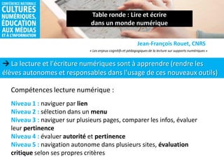  La lecture et l'écriture numériques sont à apprendre (rendre les
élèves autonomes et responsables dans l'usage de ces nouveaux outils)
Jean-François Rouet, CNRS
Niveau 1 : naviguer par lien
Niveau 2 : sélection dans un menu
Niveau 3 : naviguer sur plusieurs pages, comparer les infos, évaluer
leur pertinence
Niveau 4 : évaluer autorité et pertinence
Niveau 5 : navigation autonome dans plusieurs sites, évaluation
critique selon ses propres critères
« Les enjeux cognitifs et pédagogiques de la lecture sur supports numériques »
Compétences lecture numérique :
 