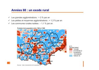 6
Années 60 : un exode rural
Les grandes agglomérations : + 3 % par an
Les petites et moyennes agglomérations : + 1,3 % par an
Les communes rurales isolées : - 1,1 % par an
Sources : Insee, recensements de la population
 