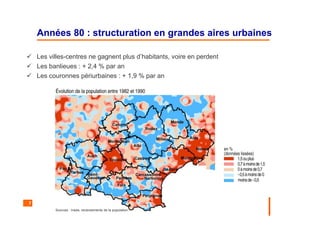 7
Années 80 : structuration en grandes aires urbaines
Les villes-centres ne gagnent plus d’habitants, voire en perdent
Les banlieues : + 2,4 % par an
Les couronnes périurbaines : + 1,9 % par an
Sources : Insee, recensements de la population
 