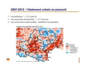 8
2007-2012 : l’étalement urbain se poursuit
Les banlieues : + 1,2 % par an
Les couronnes périurbaines : + 1,7 % par an
Les communes rurales isolées : stabilité de la population
Sources : Insee, recensements de la population
 