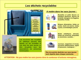 Les déchets recyclables A mettre dans les sacs jaunes :  Bouteilles et petits flacons en plastique (boissons, flacons de produits ménagers et d’hygiène, bouteilles d’huile) Briques alimentaires, boites en carton, barils de lessive, boites à pizza, suremballages yaourts Boites métalliques, aérosols, boites de conserves, barquettes en aluminium, canettes… Journaux, magazines et revues, annuaires téléphoniques, papier d’impression, catalogues… Les bouchons des bouteilles en plastique peuvent être laissés sur les bouteilles et mis dans les sacs jaunes ou être récupérés pour les associations de personnes handicapées. ATTENTION : Ne pas mettre les sacs jaunes dans le conteneur d’ordures ménagères. Des éco-points destinés aux sacs jaunes sont répartis dans chaque commune. 