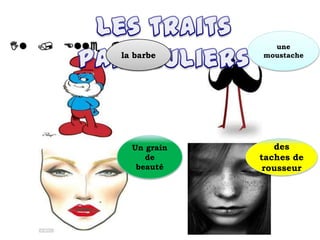 a
Un grain
de
beauté
une
moustachela barbe
des
taches de
rousseur
 
