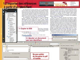 20Janvier 2011 URFIST - SCD U.Rennes 1 20
1.2 Importer des références
à partir d’un identifiant
1- Copier le DOI
2- Ajouter un document
par son identifiant
Ne pas oublier
de récupérer le pdf
s’il existe
 