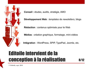 © Editoile, sept. 20108/12Conseil : études, audits, stratégie, AMODéveloppement Web : templates de newsletters, blogsRédaction : contenus optimisés pour le WebMédias : création graphique, formatage, mini-vidéosIntégration : WordPress, SPIP, TypePad, Joomla, etc.Editoile intervient de la conception à la réalisation