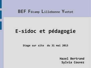 BEF Fécamp Lillebonne Yvetot
E-sidoc et pédagogie
Stage sur site du 31 mai 2013
Hazel Bertrand
Sylvia Couvez
 